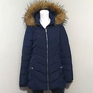 Tommy Hilfiger Navy Puffer Fur Hood Zip Up Jacket. Size Small